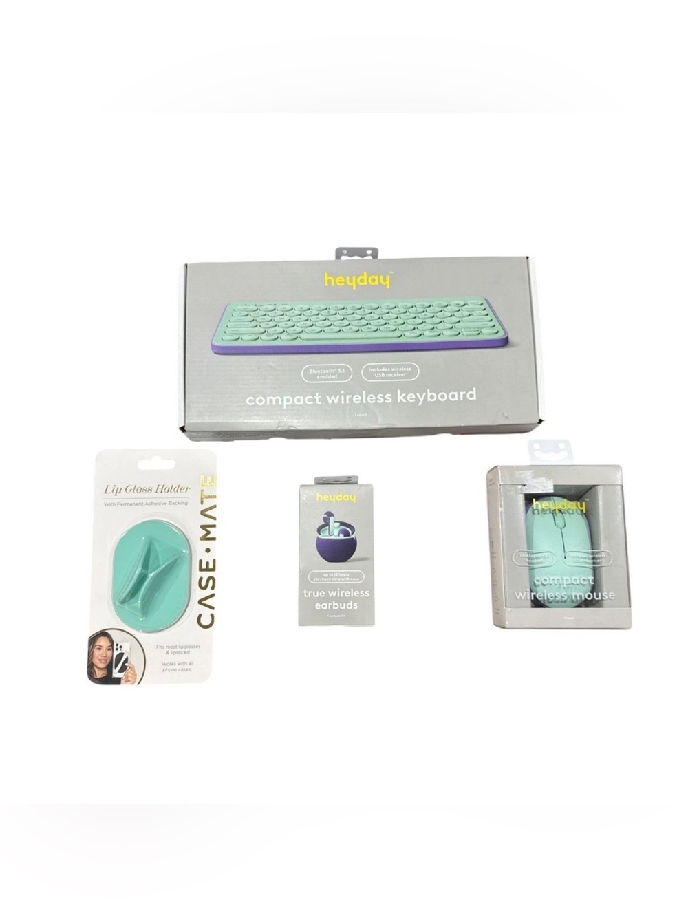 4pcs Heyday Wireless Keyboard, Mouse & Earbuds Bundle + Case-Mate Lip Gloss Hold